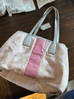Coach Cream Canvas Tote with Pink Center Stripe and Silver Handles